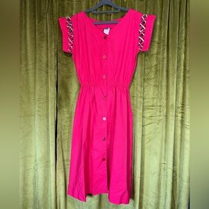 Vintage 50s Style Strawberry Red Fit & Flare Dress with accent sleeves. Medium.